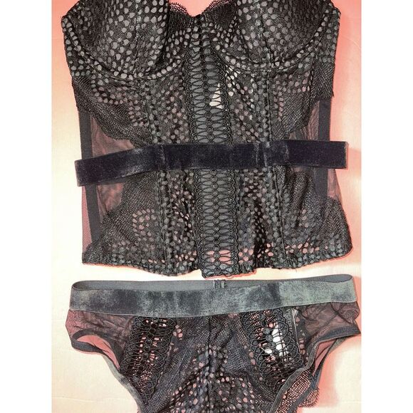 Victoria's Secret 32C BRA+CORSET bustier+TEDDY FISHNET velvet velour BLACK gray - Picture 7 of 12